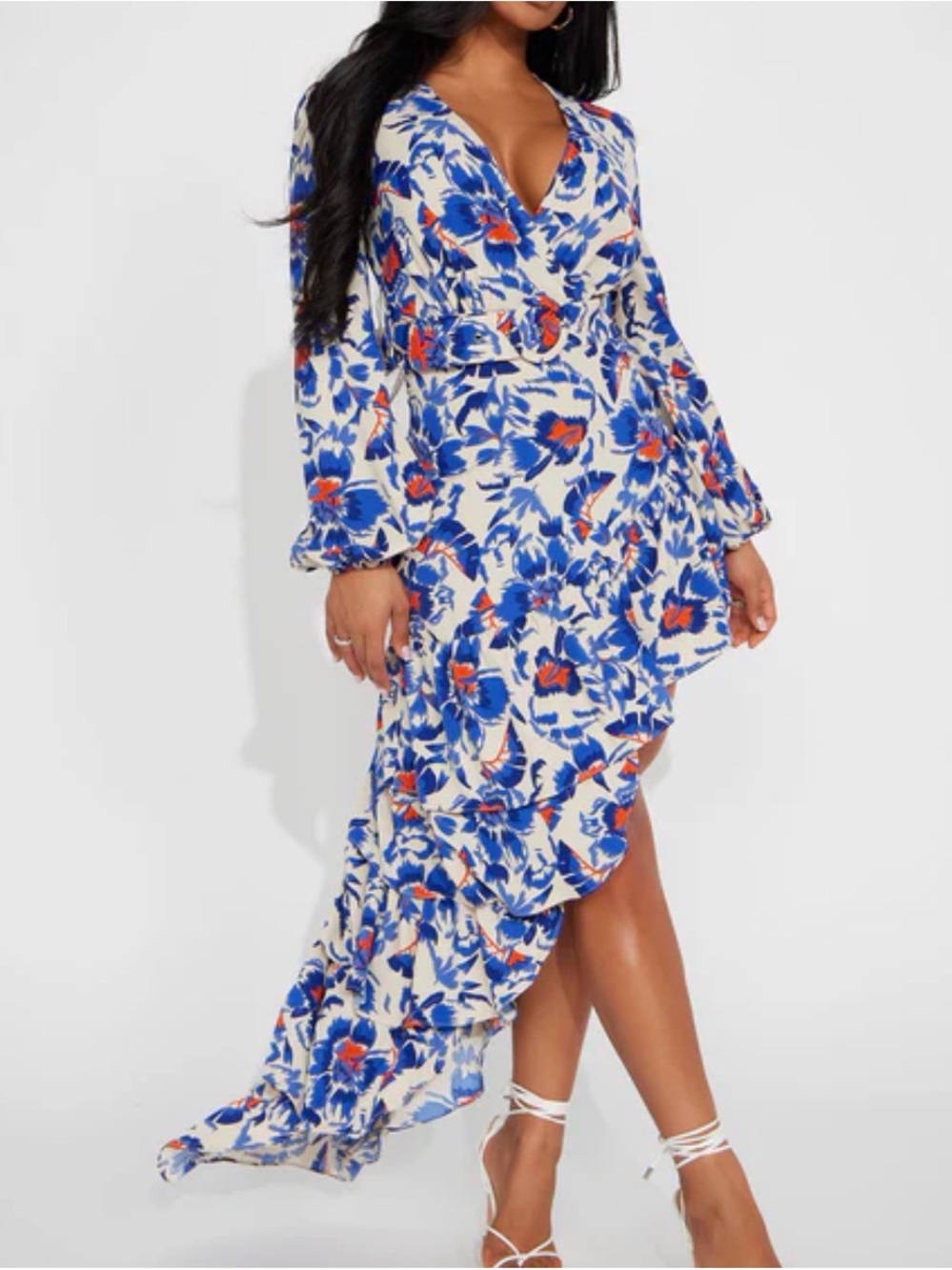 Fashion Nova Blue and White Floral High-Low Dress with Orange Accents